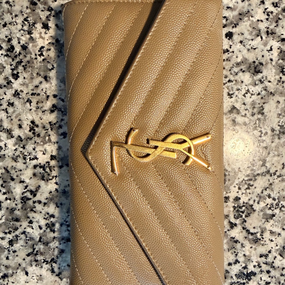 Yves Saint Laurent Tan Wallet with Gold Logo